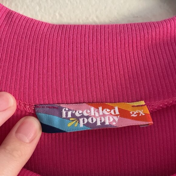 Freckled Poppy Women 2X Pink Ribbed Bell Sleeves Mock Neck Side Slits Midi Dress - Picture 7 of 9